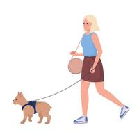 Young lady walking small dog on street semi flat color vector characters