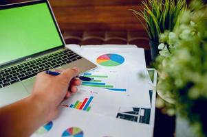The desk and graph are placed on the business desk. Business concept With copy space photo
