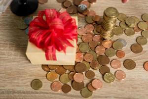 Pictures of hands and money of businessmen on the desk. Saving ideas with copy space. photo