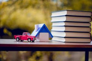 Picture of books and educational equipment placed on the table Educational concept with copy space photo