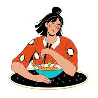 retrato de medio cuerpo de una mujer sentada comiendo fideos de marisco con palillos, ilustración de vector de personaje de dibujos animados aislada en fondo blanco. visitante de restaurante chino o japonés y mariscos.