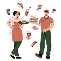 Waitress and delivery courier cartoon characters. Restaurant or cafe staff ready to serve and deliver food to customers, cartoon flat vector illustration.