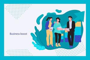 Business boost, company management and analytics banner template with people characters. Expansion or optimization of business processes - landing page. Flat vector illustration.