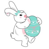 Easter bunny carrying egg. Cute adorable bunny or rabbit for Easter card or invitations, prints doodle kawaii style vector illustration isolated white background.