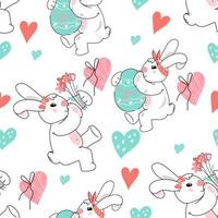 Easter Seamless pattern with cute rabbit, eggs and pink hearts. Decorative repeatable background for easter holiday prints, vector hand drawn illustration on white.
