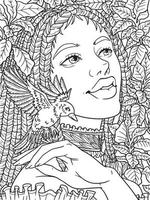 Afro American Girl With Bird Adult Coloring Page
