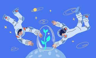 Cosmonauts or astronauts planting a tree on a new planet. Colonization and scientific research on growing plants for genetic engineering and human nutrition in space. Vector cartoon illustration.