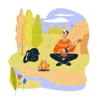 Tourist sitting and singing near campfire and camping tent. Hiking, tourism and traveling concept. Summer adventure on nature and picnic outdoors. Flat cartoon vector illustration isolated.