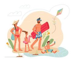 Family summer vacation at beach scene. Parents and children cartoon characters in journey on sea shore. Water activity and recreation. Flat vector illustration isolated.