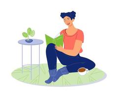 Woman cartoon character reading a book sitting on floor at home. Online library and remote education. Literature heritage and learning at home concept. Flat vector illustration isolated.