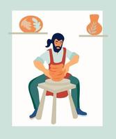 A male ceramist works at a potter's wheel in a ceramic workshop flat vector illustration isolated on white background. The idea for the design of master classes and craft shops, as well as logos.