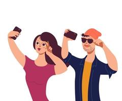 Selfie and smartphone addiction concept with young man and woman characters taking selfie photo, flat cartoon vector illustration isolated on white background. Modern lifestyle.