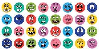 conjunto de caras cómicas de dibujos animados en estilo retro con diferentes expresiones de emociones. iconos redondos abstractos de cabezas de personajes emocionales. Animación de gente emoji al estilo de los años 20 y 30. vector