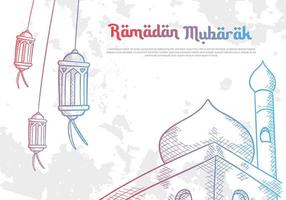 sketch hand drawn of ramadan mubarak kareem islamic greeting background with lantern lamp and mosque illustration vector