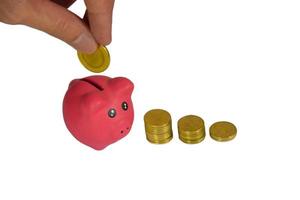 Save money for future financial stability by dropping a piggy bank,A pink piggy bank was placed next to a pile of gold coins. photo