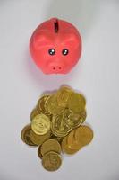 Save money for future financial stability by dropping a piggy bank,A pink piggy bank was placed next to a pile of gold coins. photo