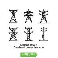 Lattice tower and overhead power line isolated thin line icon. Vector two phase transmission towers power lines outline sign. Electricity pylon structure, steel lattice tower to support power line