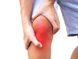 woman knee pain and massage on legs to relieve aches and pains. photo