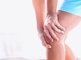 Young Asian women with body aches suffering muscle injury with knee pain and leg pain photo