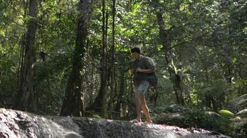asiatische Touristin mit Rucksack, die im Sommer über die Kaskade durch üppigen Laubregenwald geht.