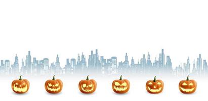 Realistic 3d pumpkins with scary smiling face on white background in city silhouette. Happy Halloween banner. Jack O Lantern party. photo