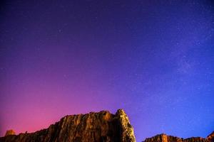 The starry sky above rocky mountains. photo