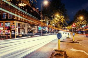 Lighted street at night.