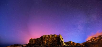 el cielo estrellado sobre las montañas rocosas. foto