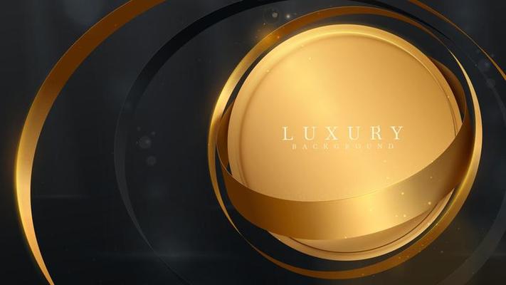 Luxury black background. Gold circle frame with ribbon element and glitter light effect decoration and bokeh with beam.