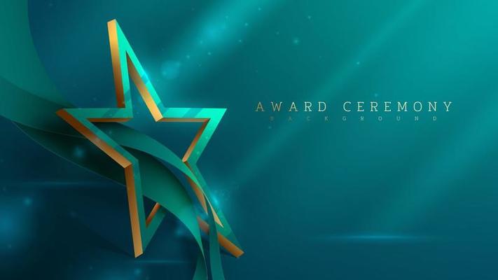 Award ceremony background and 3d gold star shape with green ribbon element and glitter light effect decoration and bokeh.