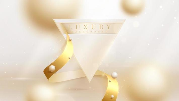 Luxury background with triangle frame and gold ribbon element with glitter light and beam with bokeh decoration and blur effect.