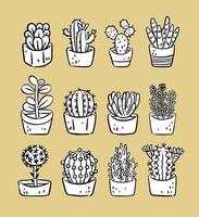 line draw succulents and cacti with black and white color vector