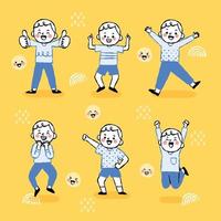 hand drawn boy very happy in various actions, excited, smile vector