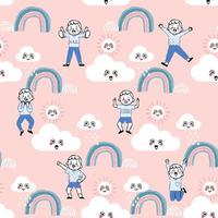 seamless pattern hand drawn boy very happy in various actions, excited, smile vector