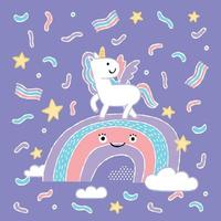 lindo unicornio pastel parado en el arco iris en el cielo de medianoche con nubes y estrellas vector