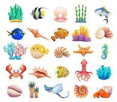 Sea life animals, sea shells, and coral reef cartoon collection vector