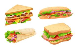 Set of delicious sandwiches in cartoon style vector