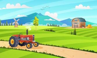 Rural farm field landscape with tractor and buildings cartoon illustration concept vector