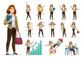 Set of business woman character with different poses and actions cartoon illustration vector