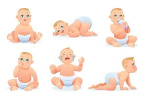 Set of cute little baby boy with diaper in various poses and situations, vector cartoon character