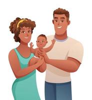 Happy young parents with their cute little baby in cartoon style vector