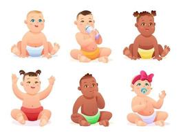 Set of cute multi-ethnic baby boys and girls with diapers in various poses vector cartoon character