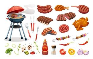 conjunto de elementos de barbacoa carnes e ingredientes a la parrilla. concepto de fiesta barbacoa en estilo de dibujos animados vector