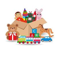 ilustración de caja de cartón con juguetes y regalos con sombra vector