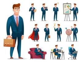 Set of businessman character with different poses and actions cartoon illustration vector