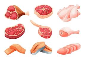 Set of raw beef, chicken, and salmon cartoon illustration vector