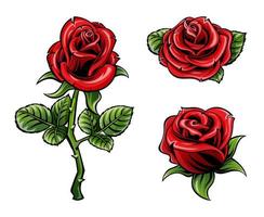 Set of vintage red rose flowers in tattoo style vector