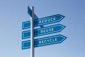Reduce, reuse and recycle words on signpost isolated on sky background. Environment care concept photo