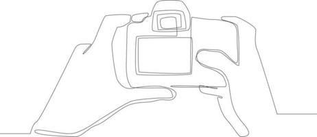 Simple continuous line drawing Photograph's hands holding DSLR photo camera isolated on the background.  DSLR camera back side in hand. Scenes from the Studio. Vector Illustration.