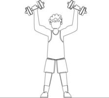 Continuous line drawing of The athlete does  exercises with dumbells. Vector illustration.